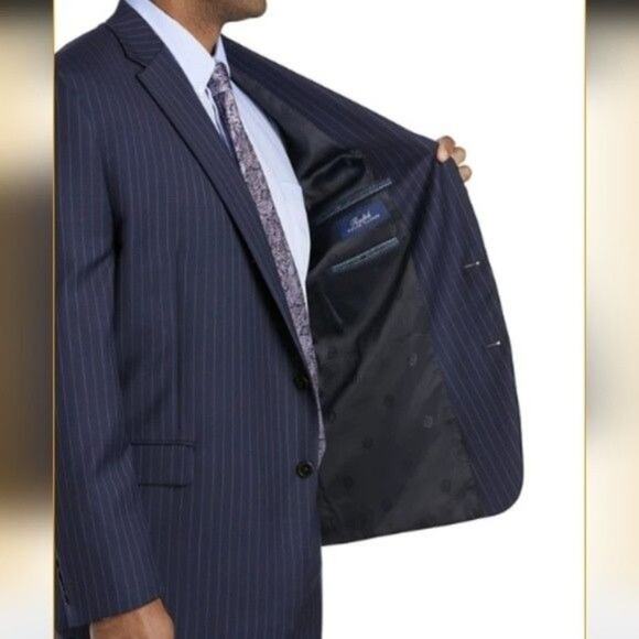 Lauren Ralph Lauren Pinstripe Wool Suit Jacket Blazer 48L Blue Navy Two Button - Picture 1 of 15